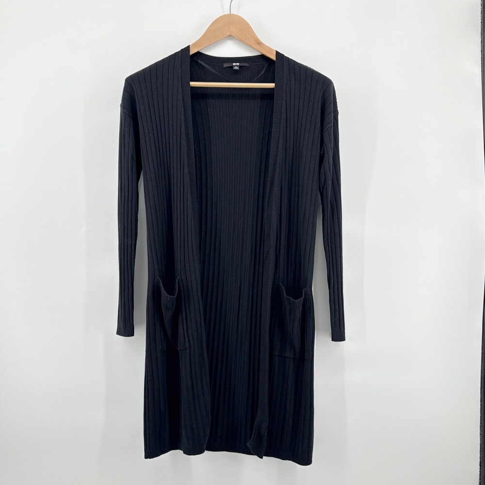 Uniqlo Lightweight Black Ribbed Open Front Long Cardigan Sweater Duster Small
